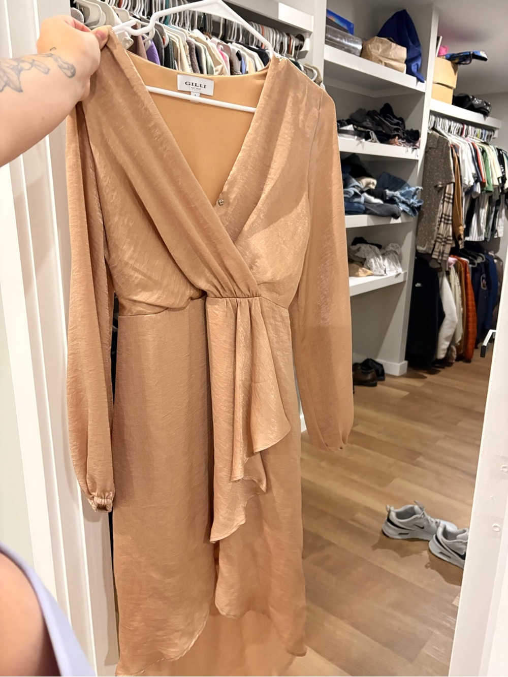 Gilli Satin-Look Wrap Long Sleeve Dress in Camel